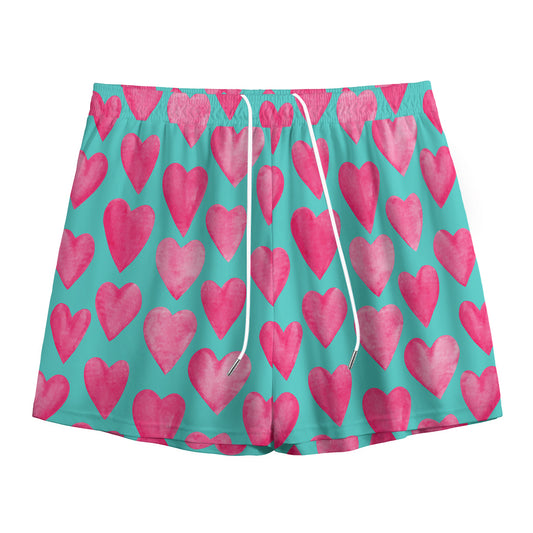 Pink And Teal Watercolor Heart Print Mesh Shorts