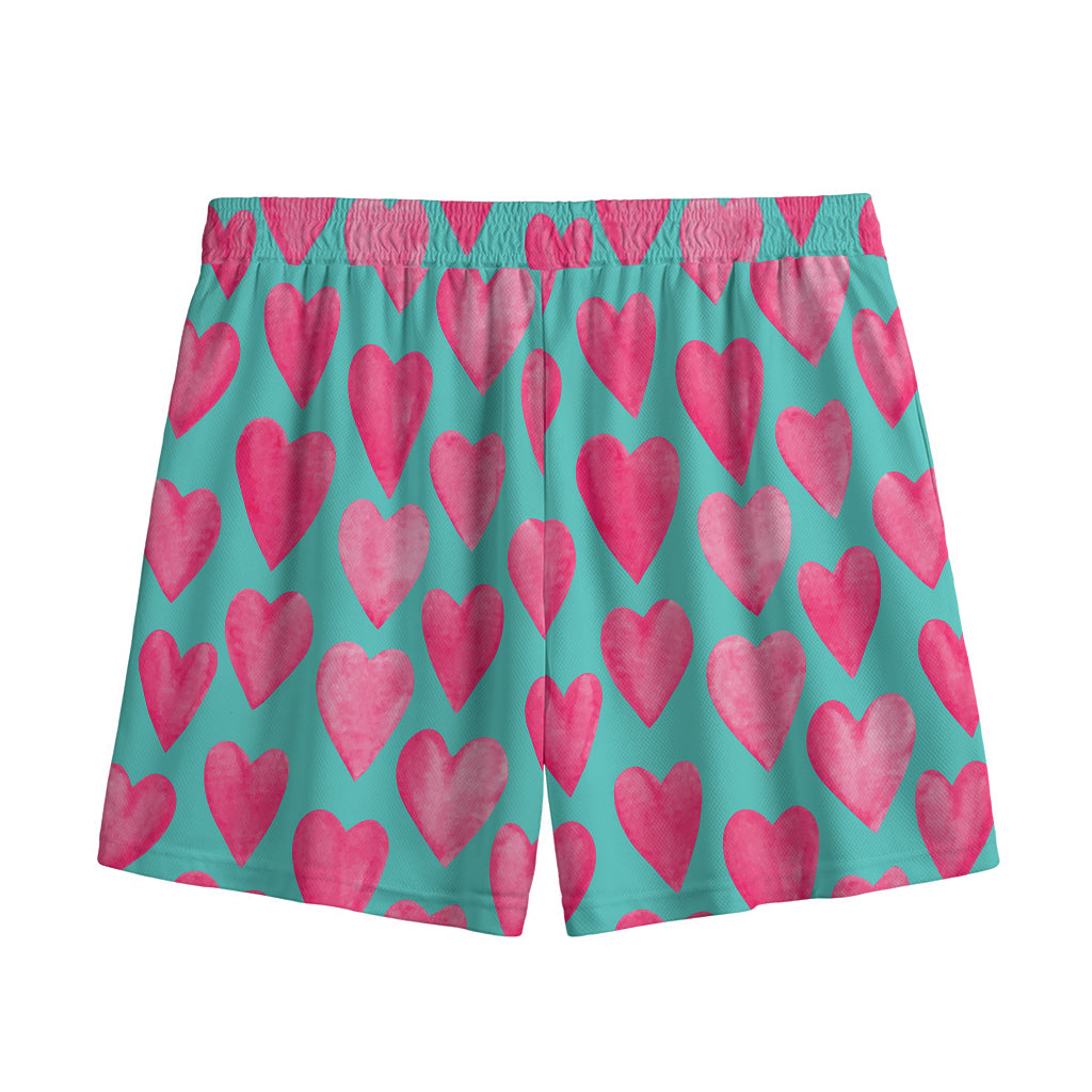 Pink And Teal Watercolor Heart Print Mesh Shorts