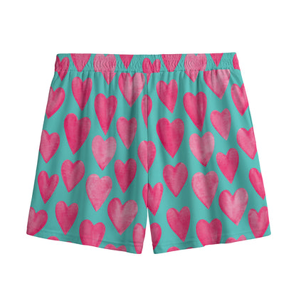 Pink And Teal Watercolor Heart Print Mesh Shorts