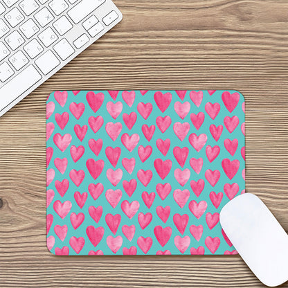 Pink And Teal Watercolor Heart Print Mouse Pad