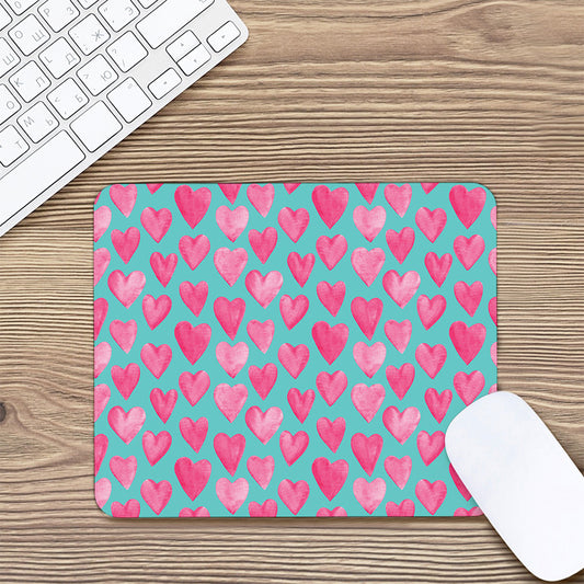 Pink And Teal Watercolor Heart Print Mouse Pad