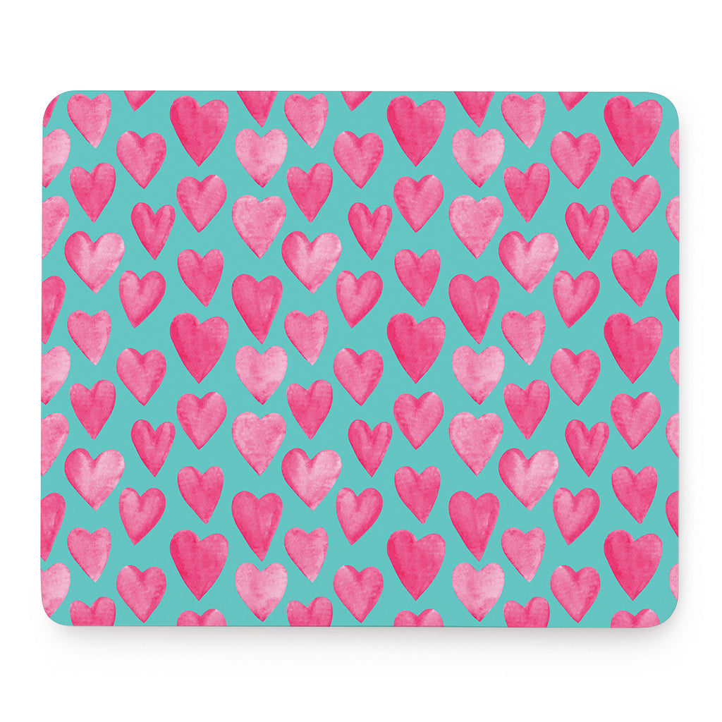 Pink And Teal Watercolor Heart Print Mouse Pad
