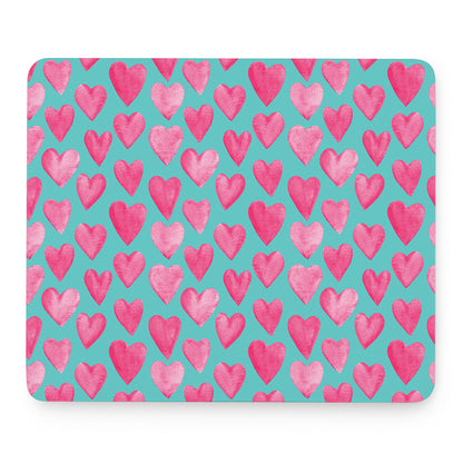 Pink And Teal Watercolor Heart Print Mouse Pad