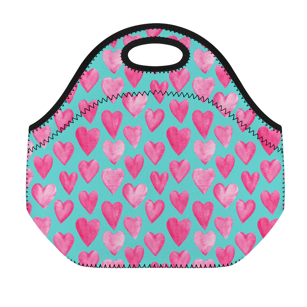 Pink And Teal Watercolor Heart Print Neoprene Lunch Bag
