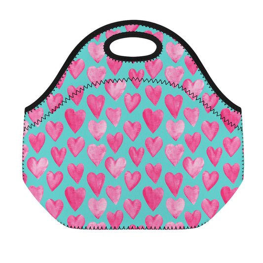 Pink And Teal Watercolor Heart Print Neoprene Lunch Bag