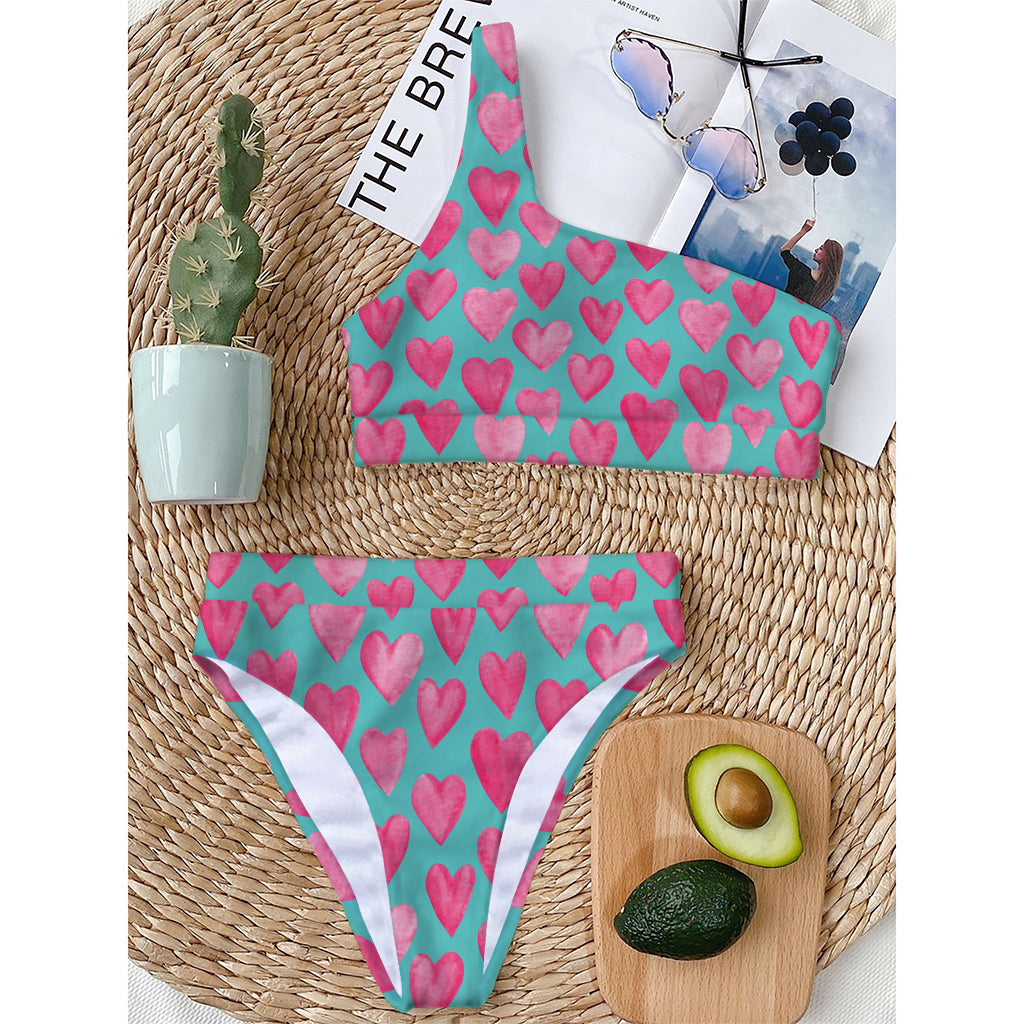 Pink And Teal Watercolor Heart Print One Shoulder Bikini Top