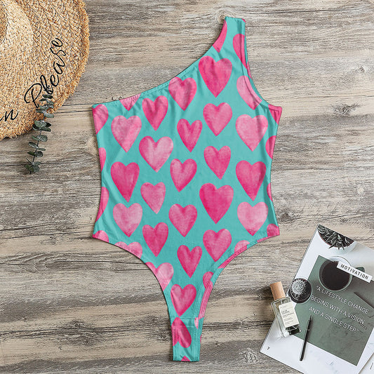 Pink And Teal Watercolor Heart Print One Shoulder Bodysuit