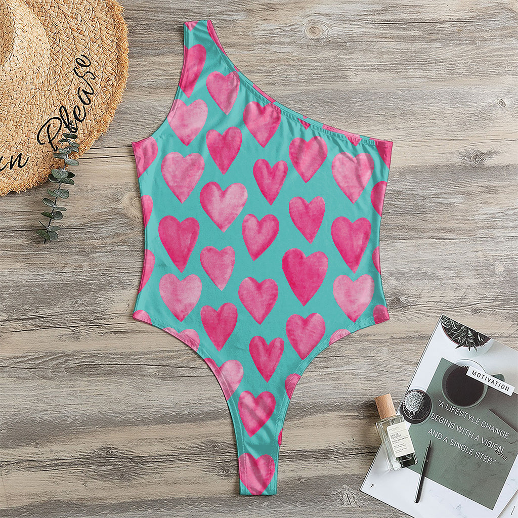 Pink And Teal Watercolor Heart Print One Shoulder Bodysuit