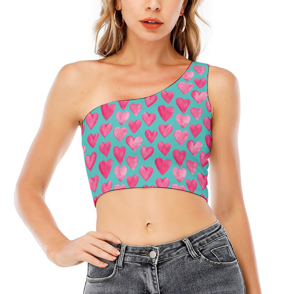 Pink And Teal Watercolor Heart Print One Shoulder Crop Top