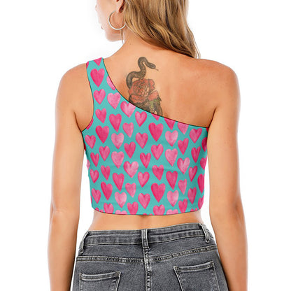 Pink And Teal Watercolor Heart Print One Shoulder Crop Top