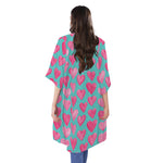 Pink And Teal Watercolor Heart Print Open Front Beach Cover Up
