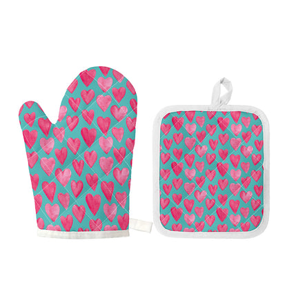 Pink And Teal Watercolor Heart Print Oven Mitt And Pot Holder Set