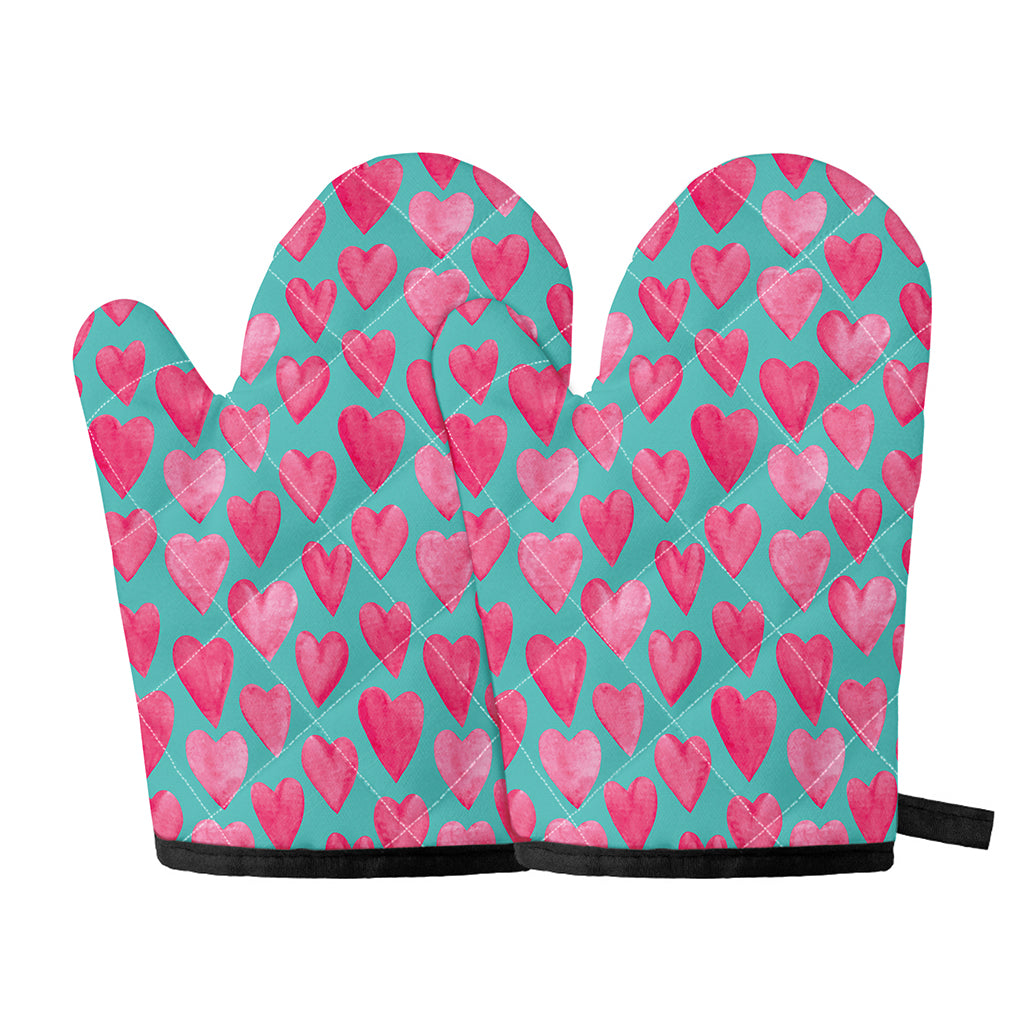 Pink And Teal Watercolor Heart Print Oven Mitts