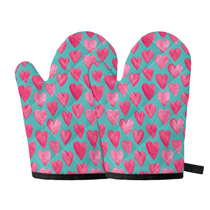 Pink And Teal Watercolor Heart Print Oven Mitts