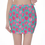 Pink And Teal Watercolor Heart Print Pencil Mini Skirt