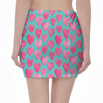 Pink And Teal Watercolor Heart Print Pencil Mini Skirt