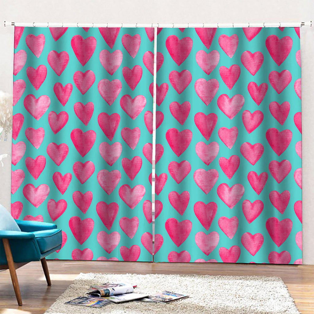 Pink And Teal Watercolor Heart Print Pencil Pleat Curtains