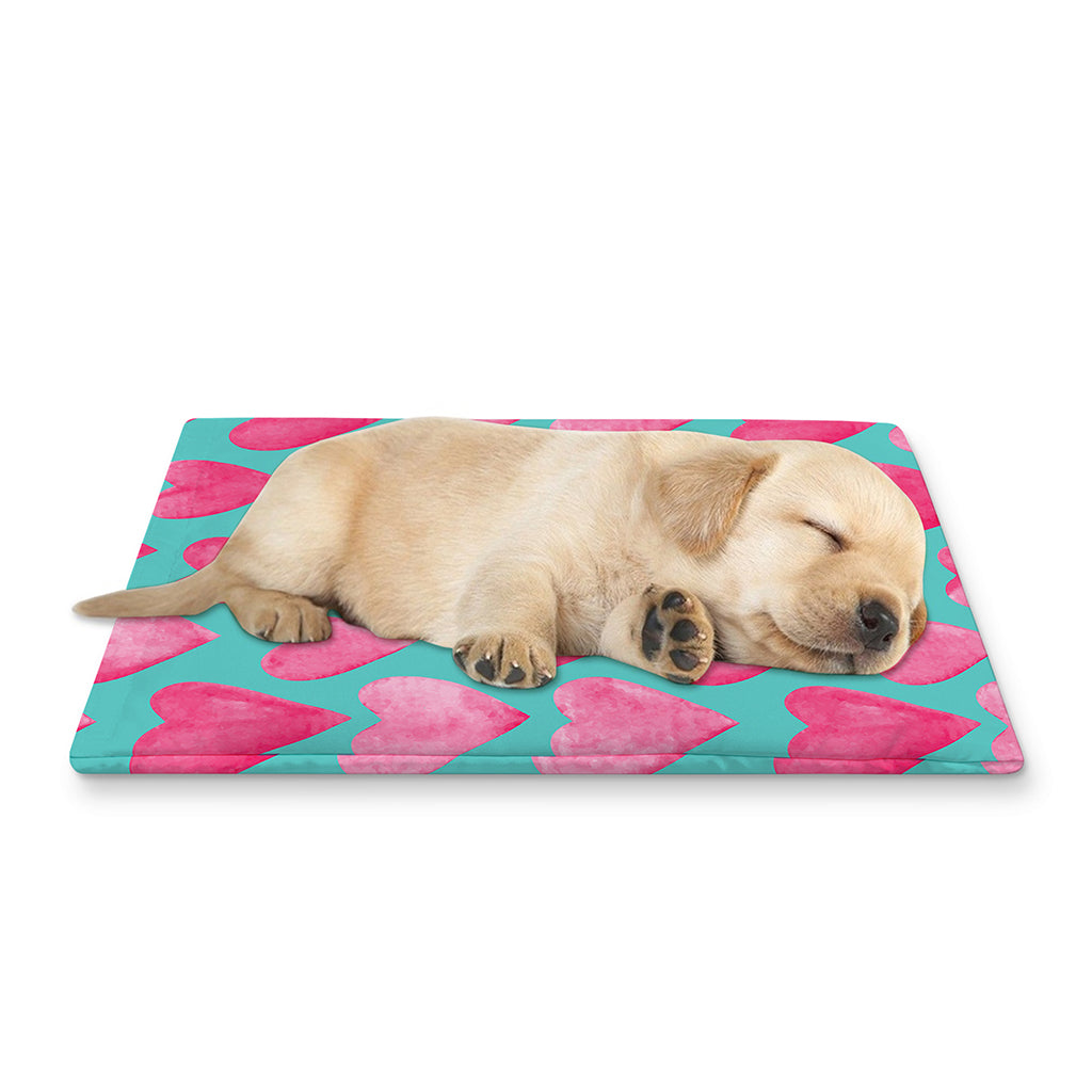 Pink And Teal Watercolor Heart Print Pet Cooling Mat Cover