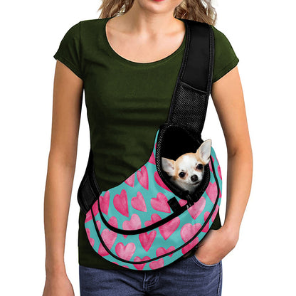Pink And Teal Watercolor Heart Print Pet Sling Carrier