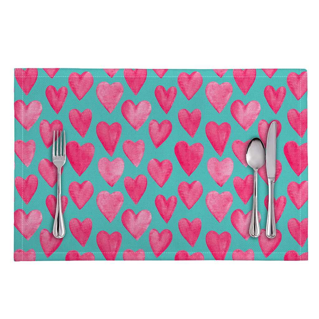 Pink And Teal Watercolor Heart Print Placemat