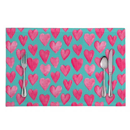 Pink And Teal Watercolor Heart Print Placemat
