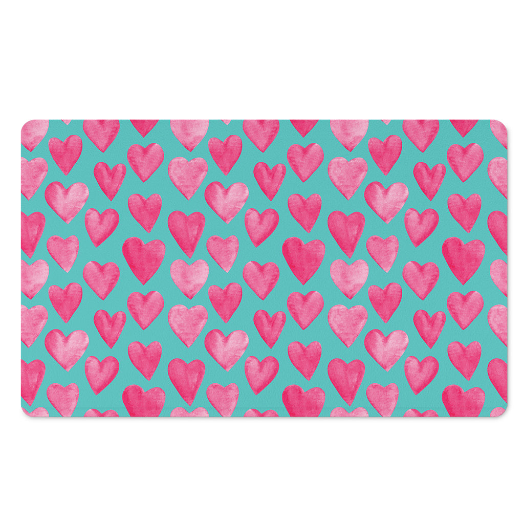 Pink And Teal Watercolor Heart Print Polyester Doormat