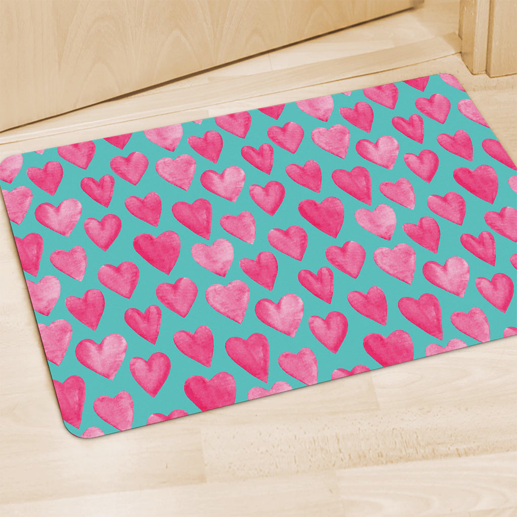 Pink And Teal Watercolor Heart Print Polyester Doormat