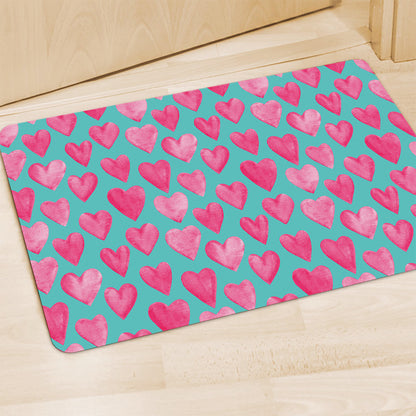 Pink And Teal Watercolor Heart Print Polyester Doormat