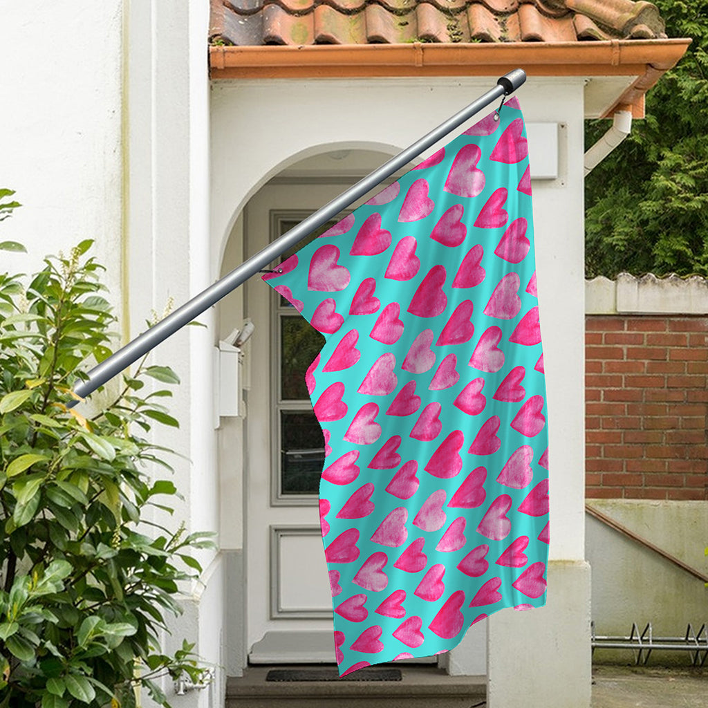 Pink And Teal Watercolor Heart Print Polyester Flag