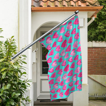Pink And Teal Watercolor Heart Print Polyester Flag