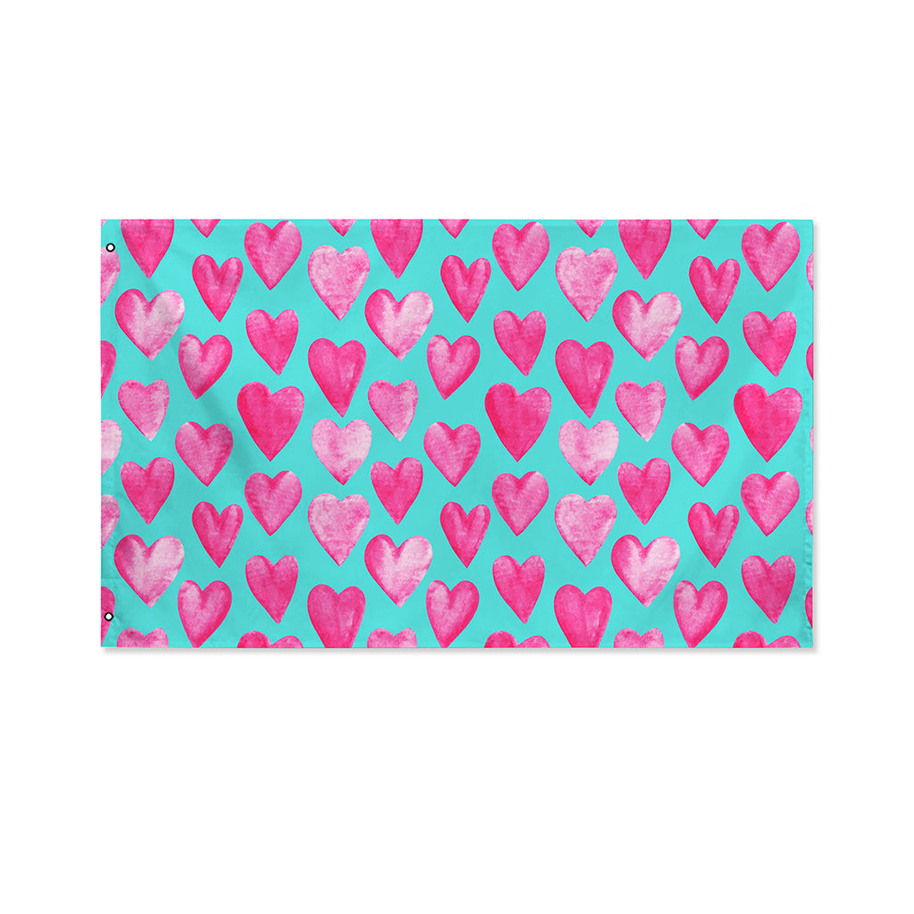 Pink And Teal Watercolor Heart Print Polyester Flag