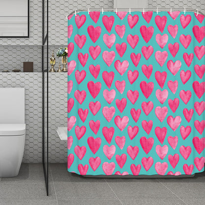 Pink And Teal Watercolor Heart Print Polyester Shower Curtain