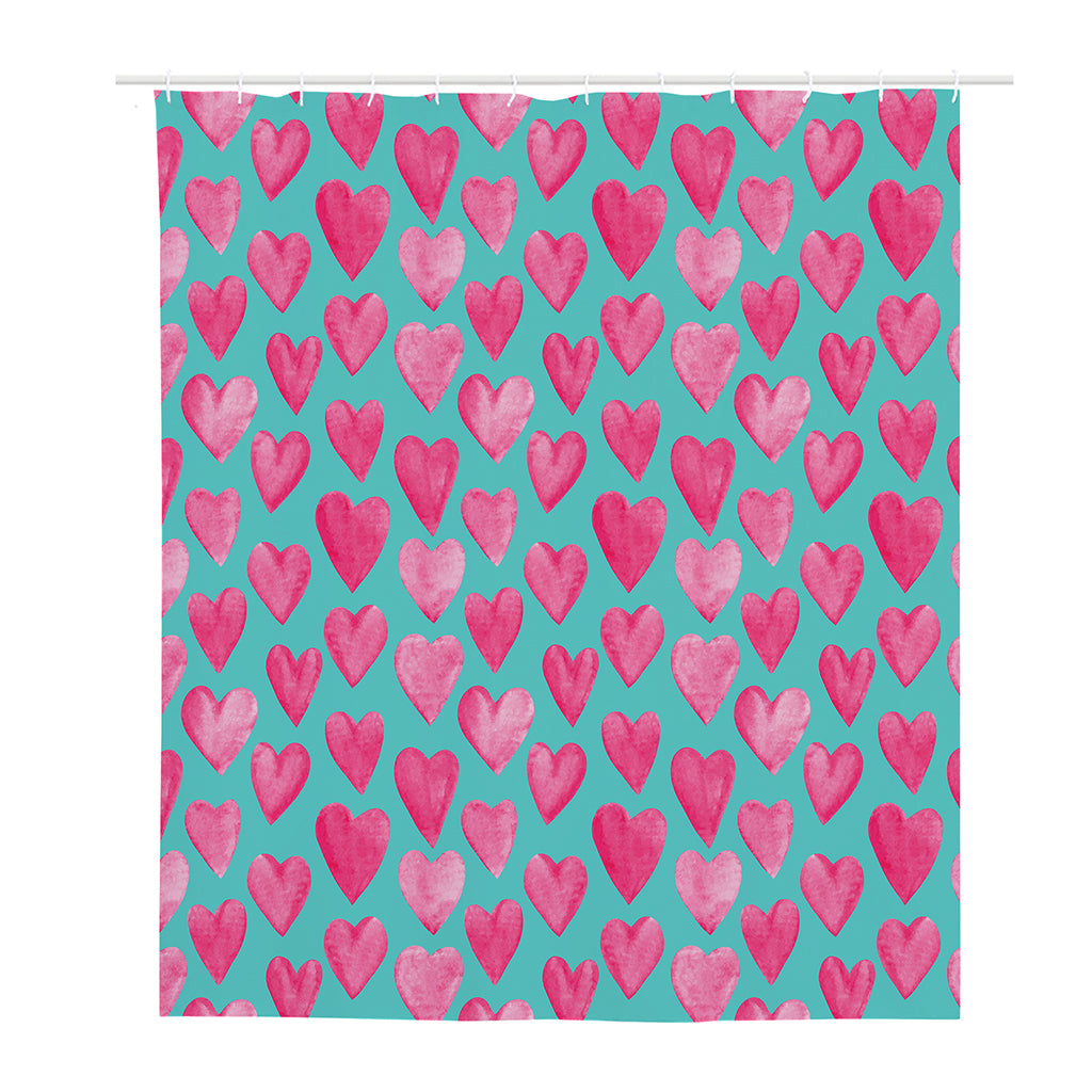 Pink And Teal Watercolor Heart Print Polyester Shower Curtain