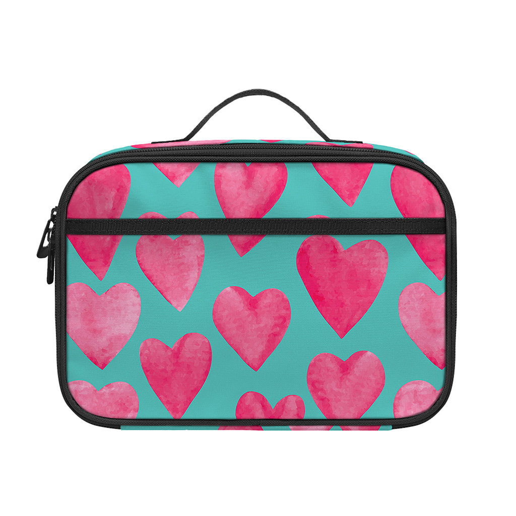 Pink And Teal Watercolor Heart Print Portable Lunch Bag