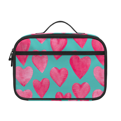 Pink And Teal Watercolor Heart Print Portable Lunch Bag