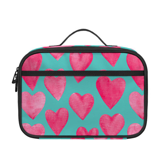 Pink And Teal Watercolor Heart Print Portable Lunch Bag