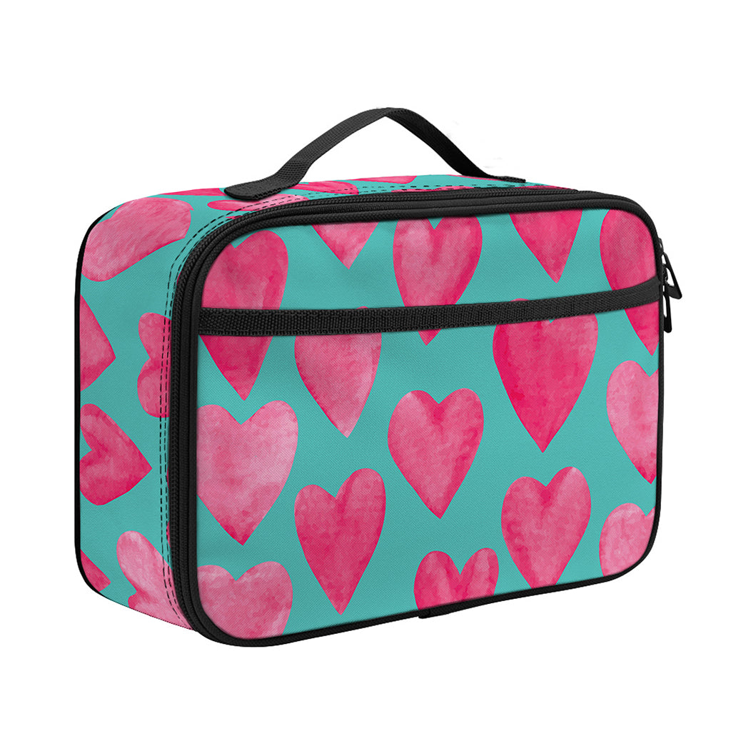 Pink And Teal Watercolor Heart Print Portable Lunch Bag