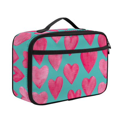 Pink And Teal Watercolor Heart Print Portable Lunch Bag