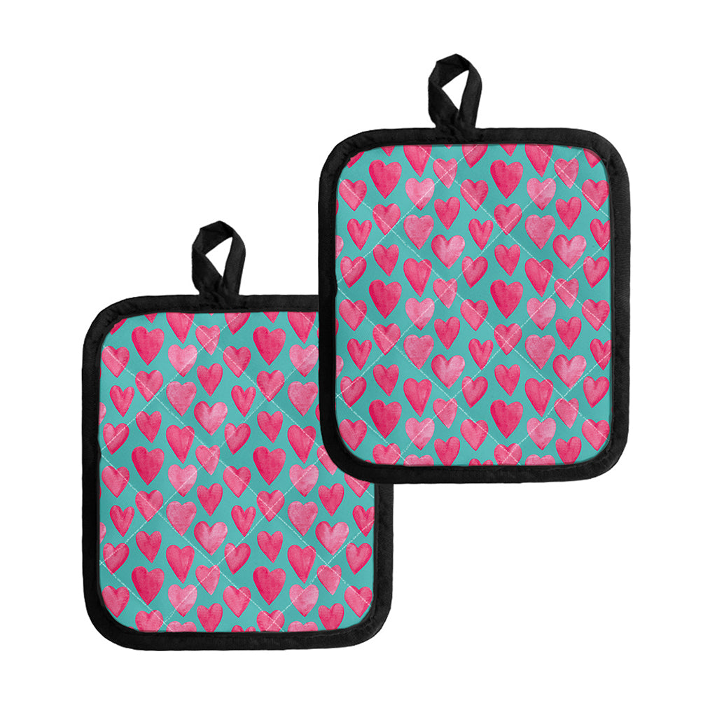 Pink And Teal Watercolor Heart Print Pot Holders