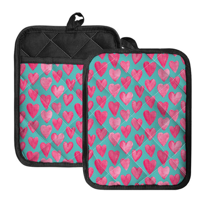 Pink And Teal Watercolor Heart Print Pot Holders With Pocket