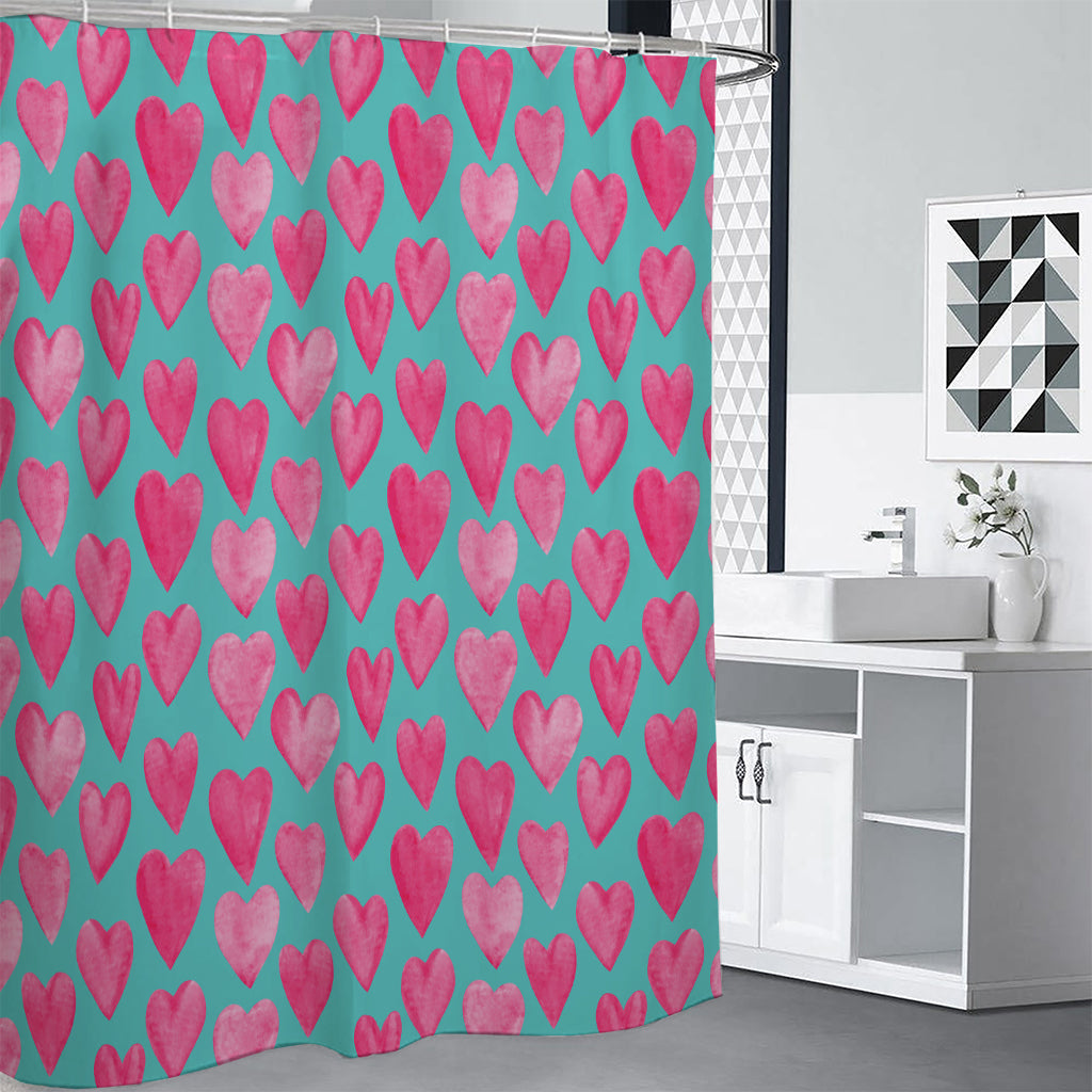 Pink And Teal Watercolor Heart Print Premium Shower Curtain