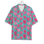Pink And Teal Watercolor Heart Print Rayon Hawaiian Shirt
