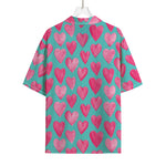 Pink And Teal Watercolor Heart Print Rayon Hawaiian Shirt