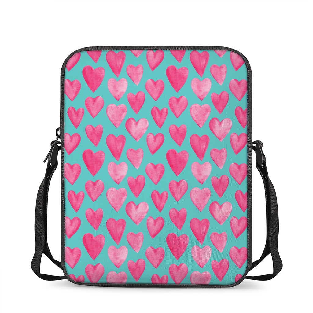 Pink And Teal Watercolor Heart Print Rectangular Crossbody Bag