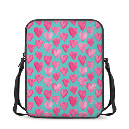 Pink And Teal Watercolor Heart Print Rectangular Crossbody Bag