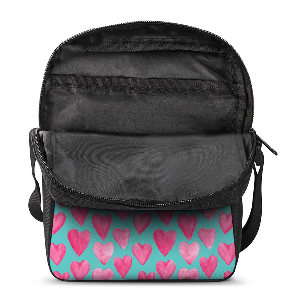 Pink And Teal Watercolor Heart Print Rectangular Crossbody Bag