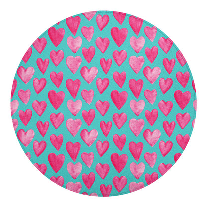 Pink And Teal Watercolor Heart Print Round Blanket