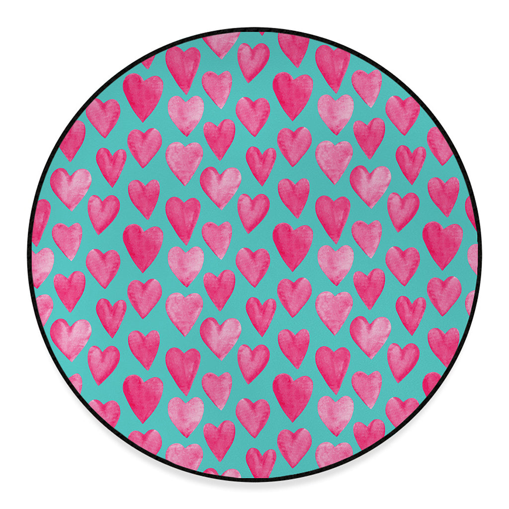 Pink And Teal Watercolor Heart Print Round Floor Mat