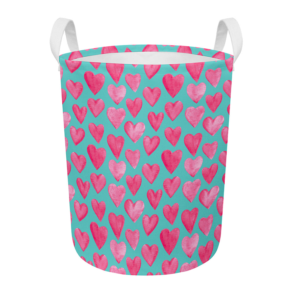 Pink And Teal Watercolor Heart Print Round Laundry Basket