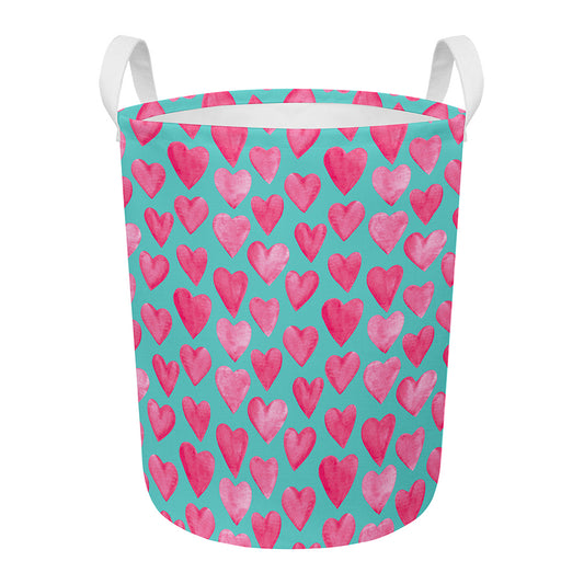 Pink And Teal Watercolor Heart Print Round Laundry Basket